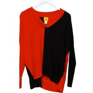 RUBY RD Womens Sweater Red Black Colorblock V Neck Size Large Modern